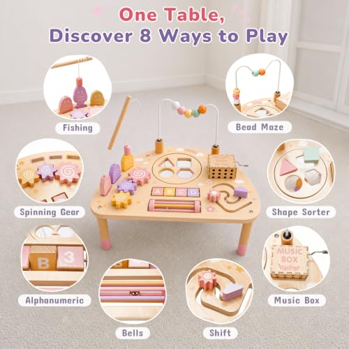 Image of Vanplay Montessori Toys for 1 2 Year Old Girl Gift - 1st Christmas Birthday | 8 in 1 Learning Activities with Music Box / Fishing Game, Busy Board Toys for Toddler 1-3, One Year Old Girl Birthday Gift