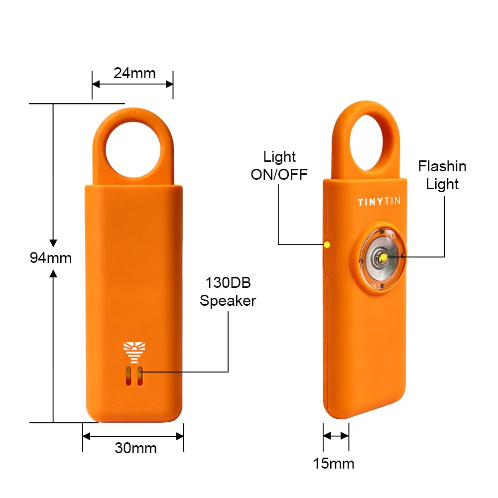 Alarme de Sécurité Personnelle 130dB Rechargeable Porte-clés - TinyTin Alarme de Panique pour Femmes avec Lumière Stroboscopique LED - Alarme d'Autodéfense pour Randonnée, Course et Voyage (Orange