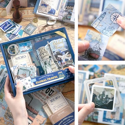 Image of The AutoStory World Trip Scrapbook Kit A6 Junk Journal Map Stickers Tourist Decorative Papers Washi Tape DIY Craft Art Keepsake Vacation Memory Book Decor Present Men (Global Travel, Blue)