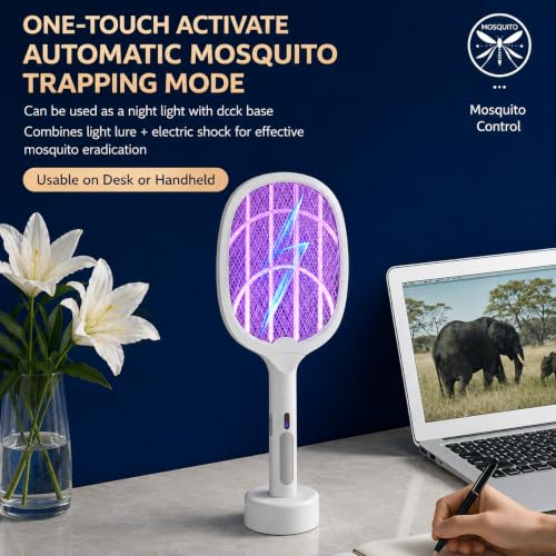 Image of FLYNGO 2 in 1 Mosquito Killer Racket with UV Light | Manual & Auto Kill Modes | Rechargeable Lithium Battery | Type-C USB Charging | Electric Mosquito Bat with Base Stand (White)