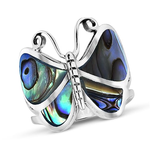AeraVida Captivating Butterfly Motif Rainbow Abalone Statement .925 Sterling Silver Ring | Cute Wedding Rings For Women | Casual Comfort Fit Silver Rings for Women | Gift for Daughter | Sterling Silver Rings Sizes (6-14)