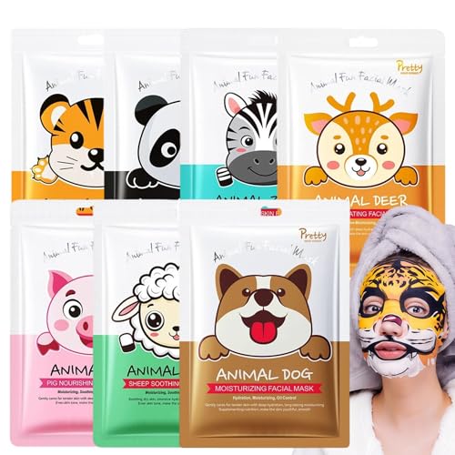 7er Set Gesichtsmaske, Hydratisierende und Beruhigende Tuchmasken mit Tiermotiven für Damen und Mädchen, Tägliche Hautpflege und Entspannende Beauty Maske