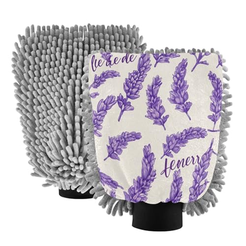 ALAZA Lavender Flower Floral Car Wash Mitt Scratch Free, 2 Pack Absorbent Microfiber/Chenille Washing & Drying Mitts, L