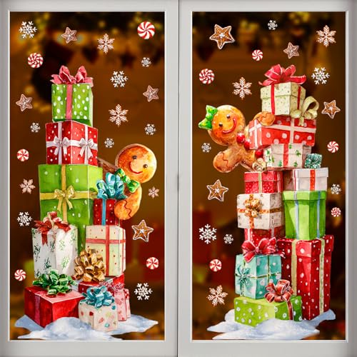 Pawliss Christmas Window Clings Decorations: 2 Sheets Extra Large Stacked Gift Boxes Gingerbread Man Window Clings, Rustic Brown Gingerbread Snowflakes Xmas Decals for Home Office Holiday Party Décor