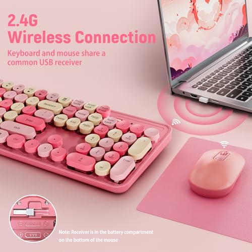 LIZRROT Wireless Keyboard and Mouse Combo, Round Keycaps, Retro Typewriter Keyboard Silent, Auto Sleep, 2.4G Wireless Connection for PC/Windows/Mac (Pink) — view 4