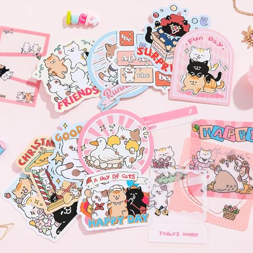 Image of The AutoStory Cute Feline Scrapbook Kit A6 Junk Journal Notebook Kawaii Animal Stickers Pet Collage Papers Washi Tape DIY Art Diary Crafting Supply Gifts Teen Girls (Cat's Letter, Pink)
