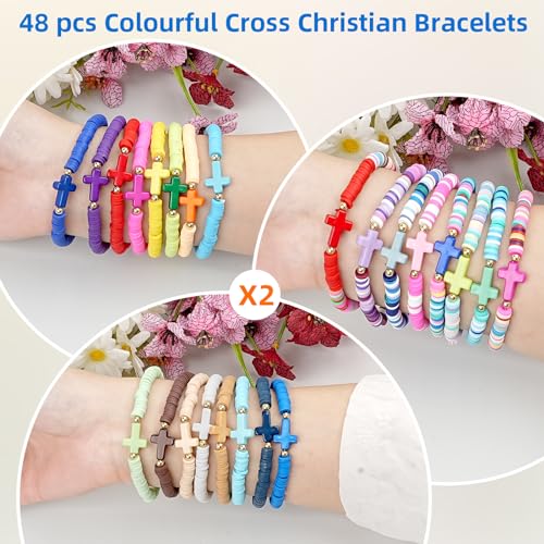 WOVTE Jesus Bracelets WWJD Bracelets Christian Bracelet Pack, Handmade Elastic Colorful Polymer Clay Beaded Bracelets Inspirational Religious Reminder Jewelry for Woman3