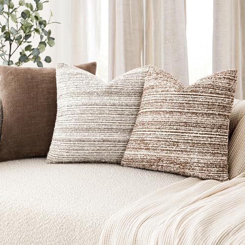 Image of Foindtower Set of 2 Faux Fur Textured Modern Throw Decorative Pillow Covers Square Accent Striped Cushion Sherpa Boho Farmhouse Pillowcase for Couch Sofa Living Room Home Decor 20x20 Inch,Orange Brown