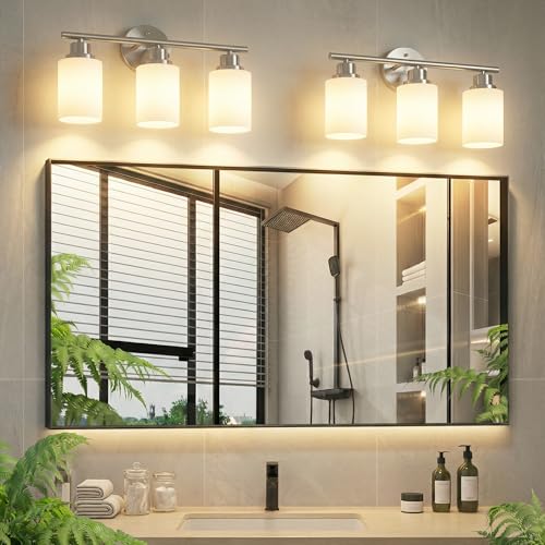 Image of Unicozin 3 Light Bathroom Light Fixtures, Modern Vanity Lights with Milky Glass Shade, Brushed Nickel Wall Lamp Over Mirror for Bathroom, Living Room, Cabinet, Bedroom, E26 Base