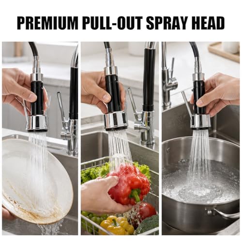 Handbrause für Küche, ausziehbar, Universal, Sprühkopf für Auslauf, Herd, moderner Mischbatterie, Badezimmer, Spritzschutz mit Wasserstop, verchromt, G1/2 Zoll