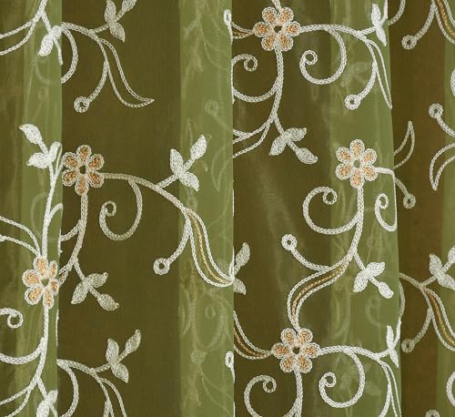 Image of littlelotus Floral Pattern Embroidery Tissue Net Sheer Transparent Grommet Curtains for Window 5 feet Long Set of 2, Green