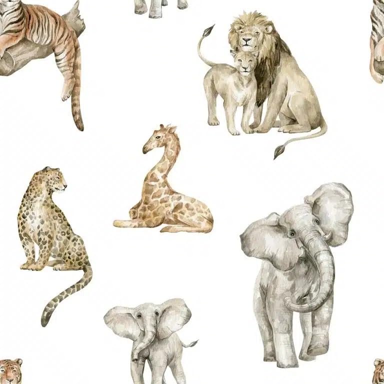 Papel pintado decorativo de safari, diseño de animales de sabana, animales africanos en acuarela, blanco y beige