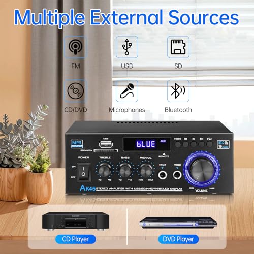 Image of Daakro AK45 Amplifier Stereo Receiver Bluetooth 5.0 Power Amp 2 Channel 300W Home Audio Amplifier w /USB /SD Card /BT /Mic Input for Home /Garage /Ceiling /Passive Speaker Theater System