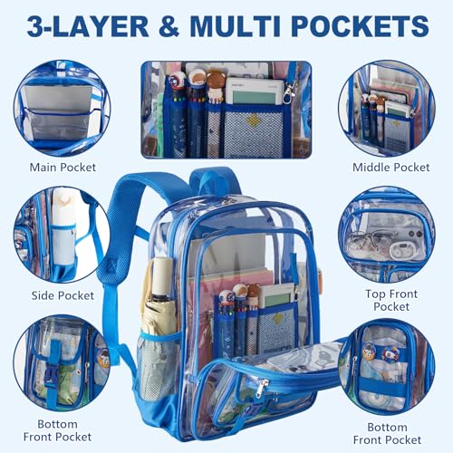 Image of Clear Bookbag with Chest Strap, 17 inch Heavy Duty See Through Backpack with Anti-theft Hook & S-shaped Shouler Straps, Large Clear Bags for Work Sport School Travel