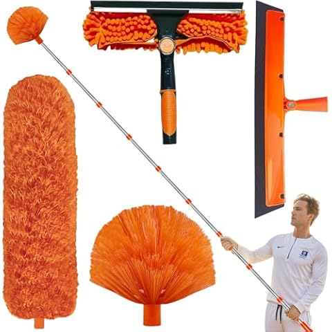 20+ Feet High Reach Duster Kit with 3-14 ft Extension Pole // High Ceiling Dusting and Window Cleaning Kit with Spliceable Pole - Window Washer & Squeegee, Cobweb Duster, Fan Blade and Feather Dusters Cover