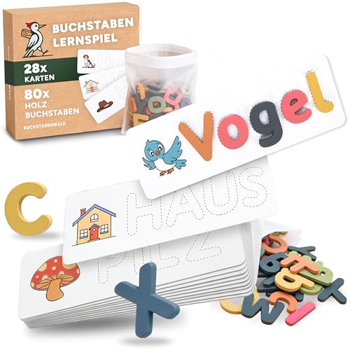 Buchstaben Lernen WOODEVA Montessori Alphabet Spiel aus Holz – ABC Spiel, Lesen Lernen, Schreiben Lernen, Vorschule, 1. Klasse, Lernspielzeug für Kinder ab 3, 4, 5, 6 Jahren