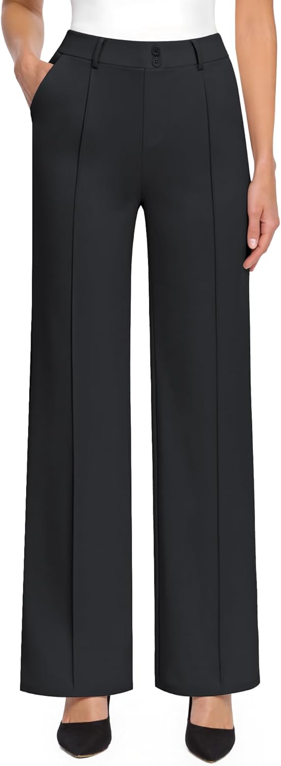 Womens Dress Work Pants Business Casual Office Pull on Trousers High Waist Wide Leg Stretchy Slacks with Pockets