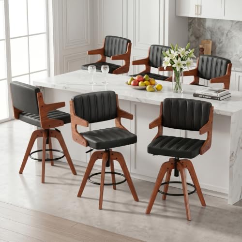 Image of Bar Stools Set of 6, Adjustable Swivel Counter Height Kitchen Island | Set of 6 Mid Century Counter Stools, Swivel Barstools with Back, Faux Leather Upholstered Bar Chair with Arm Back