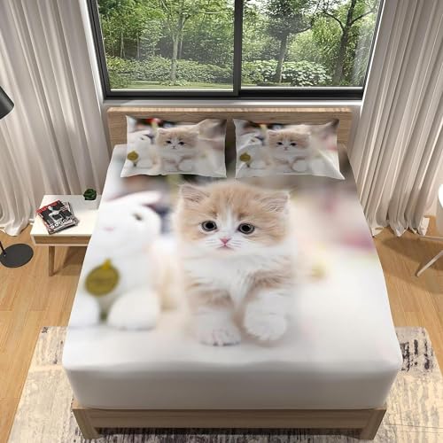 Drap Housse 90x190 Chat Mignon, Drap Plat 1 Personne, Housse Enfant avec 2 Taies d'Oreillers pour Matelas Épais b1492