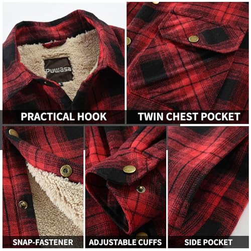 Image of Men's Sherpa Cotton Flannel Shirt Jacket Plaid Button Coat Pocket