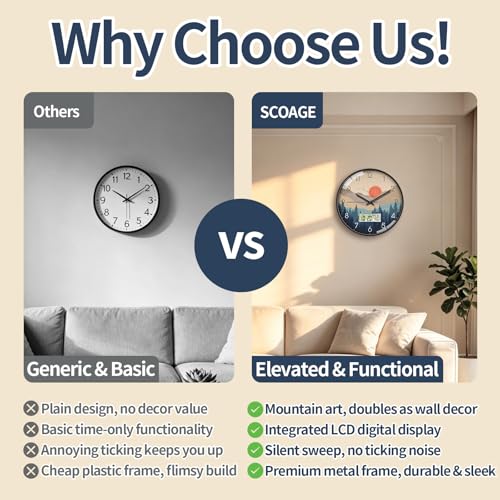 Image of 14 inch Wilderness Sunset Wall Clock, Analog Clock with Digital Display | Silent Non-Ticking, Battery Operated, Shows Date Day & Temperature, Decorative for Living Room, Bedroom, Kitchen, Office