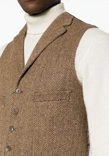 Mens Suit Vest Herringbone Tweed Retro V Neck Wool Blend Waistcoat Slim-Fit for Prom Party2