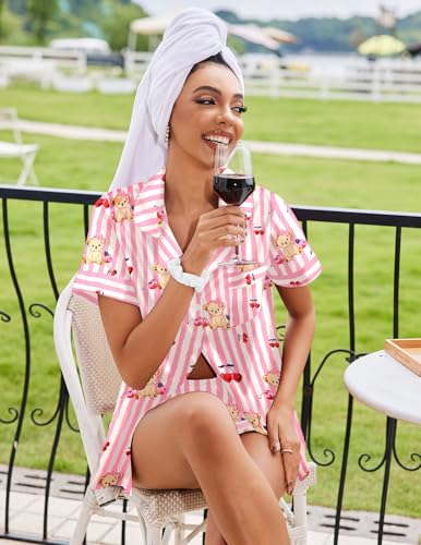 Image of Ekouaer Womens Silk Satin Pajamas Sets 2 Piece Short Sleeve Sleepwear Button Down Top and Shorts Pjs Lounge Wear Sets,Teddy Cherry Print,M