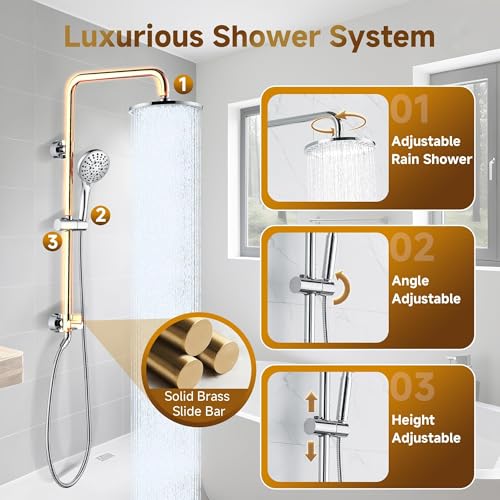 Image of BRIGHT SHOWERS Rain Shower Heads System Including 9 Inch Rainfall Shower Head and Handheld Shower Head with Height Adjustable Holder, Solid Brass Rail and 60 inch Long Stainless Steel Shower Hose, Chrome