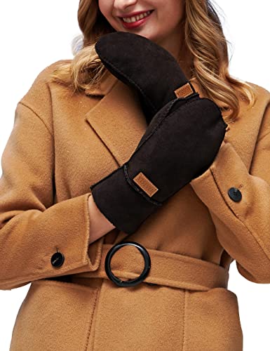 YISEVEN Women's Rugged Sheepskin Shearling Mitten Sherpa Gloves Fur Cuff Thick Wool Lined and Heated Warm for Winter Cold Weather Dress Driving Work New Year Gifts, Brown Medium