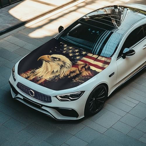 Image of American Flag Eagle Car Hood Cover Protector Vehicles Hood Wrap Blankets Auto Outdoor Patriotic Decorations Stretchable Automotive Exterior Accessories for Most Sedans Trucks Pickup SUV