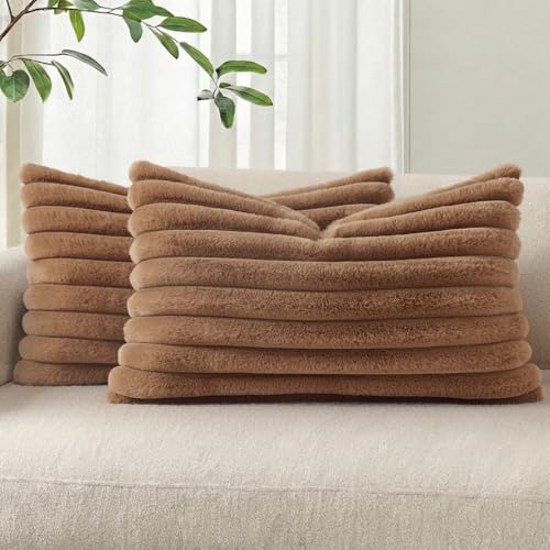 Image of Pallene Faux Fur Plush Lumbar Throw Pillow Covers 12x20 Set of 2, Luxury Soft Fluffy Striped Decorative Pillow Covers for Sofa, Couch, Living Room, Brown