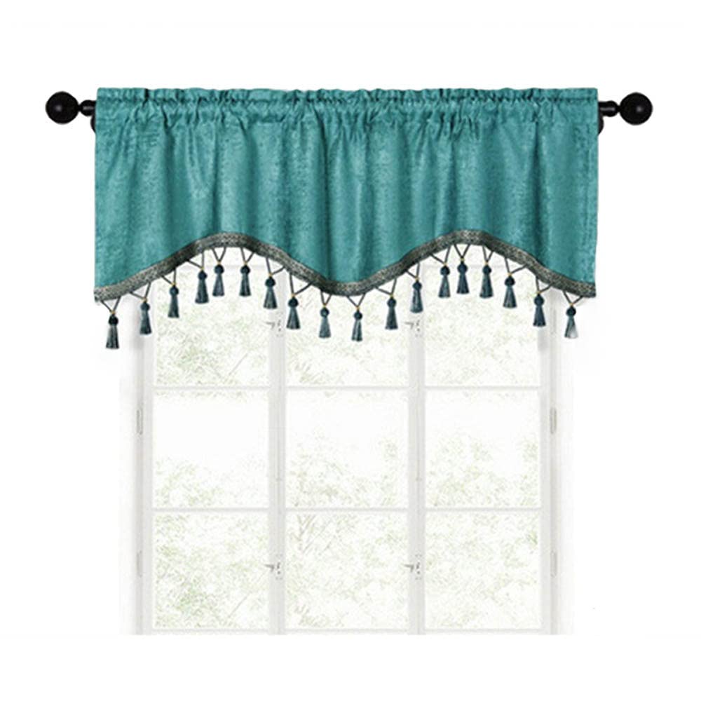 GIVBRO Kitchen Tier Curtain Tassel Lace Half Drapes Cafe Short Window Valance Drapery for Home Decoration Turquoise, 150 * 40cm