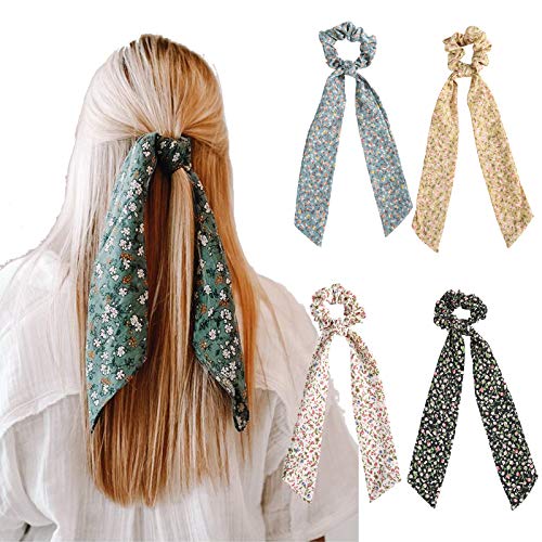 Chiffon Hair Scarf Ponytail Holder - 4PCS Hair Scrunchies for Hair Floral Hair Band Scarves Ponytail Holder for Women Girls (Black+White+Yellow+Blue)