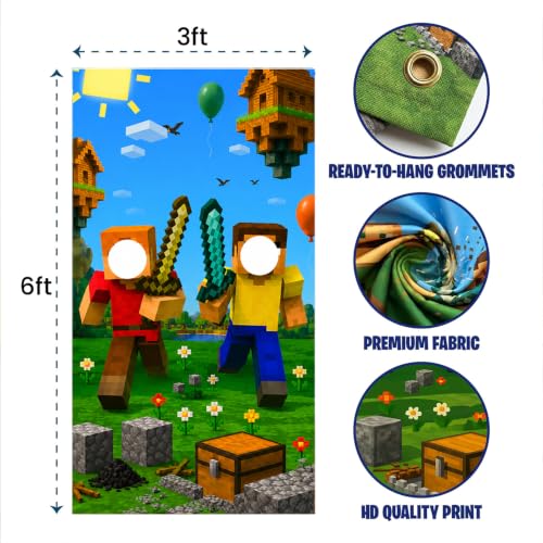 Image of IndoTribe Video Game Birthday Decorations Face in The Hole Backdrop for Photos 6x3ft Face Cutout Photo Booth Props for Gamer Birthday Party Decorations Door Prop Photo Booth Fabric Backdrop