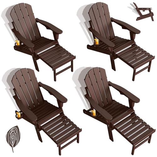 GREENVINES Adjustable Adirondack Chair with Retractable Ottoman Set of 4 | Folding | 2 Cup Holders | Wood Grain HDPE Plastic | Fire Pit Chairs w/Foot