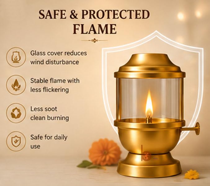Image of Akhand Jyot Diya with Adjustable Wick Screw Lever Long Burning Oil Lamp for Puja Room, Temple, Home Mandir Deepam for Diwali, Navratri, Pooja (Oil Capacity 250ml)Stay Burns Appx. 48 Hours. Large Size