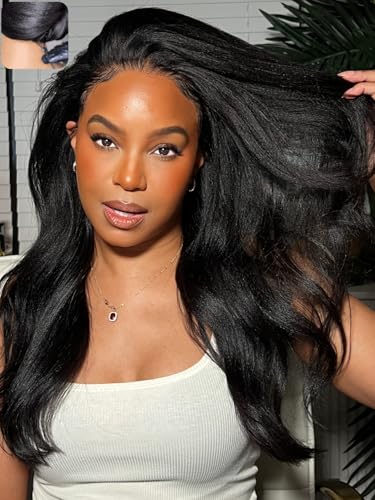 Image of KLAIYI Pre Everything Layers Yaki Straight Glueless 13x4 Lace Front Wigs Human Hair Drawstring Pre Plucked Bleached Knots Ready to Wear and Go Wigs for Women Face Framing Bang Beginner Friendly 24Inch