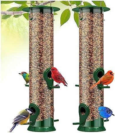 Gray Bunny Bird Feeders for Outdoors Hanging - 2 Pack - 4 Port Premium Hard Plastic Wild Bird Feeders with Steel Hanger, Weatherproof for Attracting Wild Birds