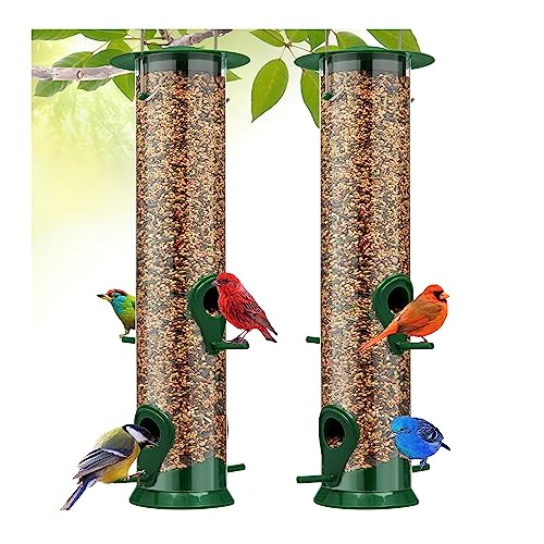 Gray Bunny Bird Feeders For Outdoors Hanging - 2 Pack - 4 Port Premium Hard Plastic Wild Bird Feeders With Steel Hanger, Weatherproof For Attracting Wild Birds #TOP1