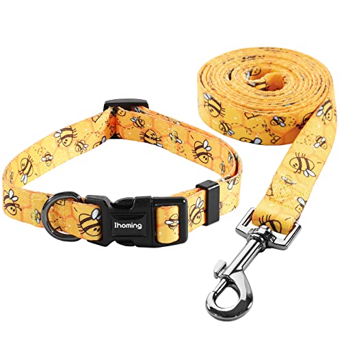 Ihoming Dog Collar and Leash Set for Daily Outdoor Walking Running Training, Bee Design for Small Boys Girls Dogs Cats Pets, S-Up to 20LBS