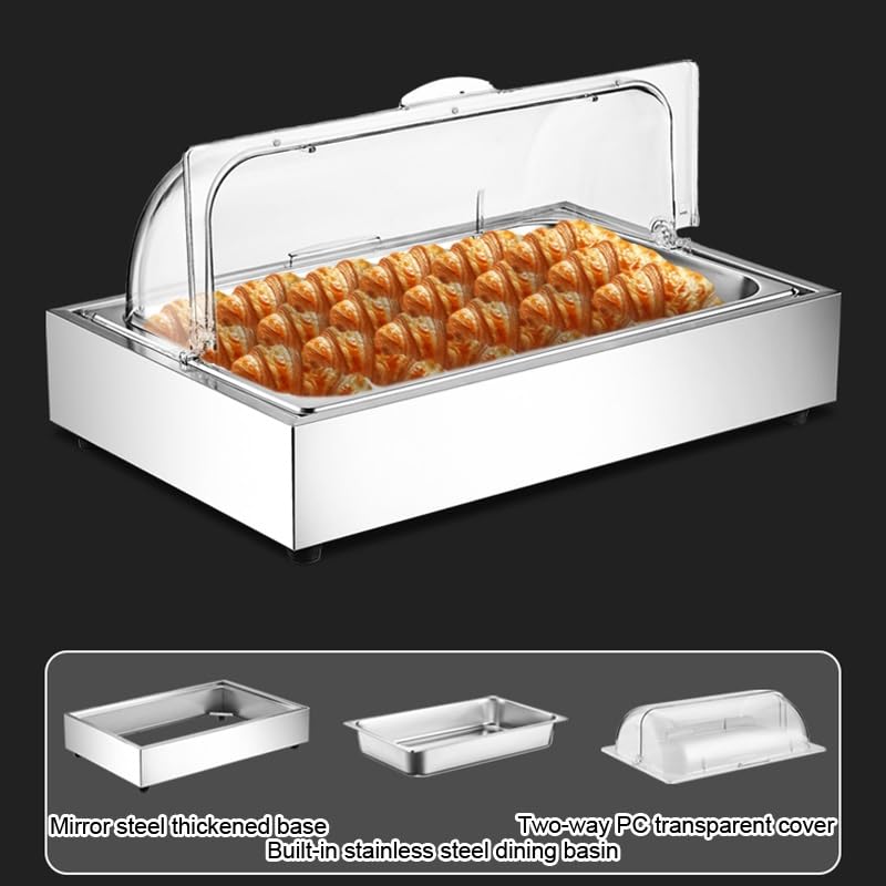 XLIHAWY Countertop Food Serving Display Container, Hotel Stainless Steel Food Serving Tray, Condiment Dispenser Display Rack With Clear Roll Top Cover(Silver-A,D)