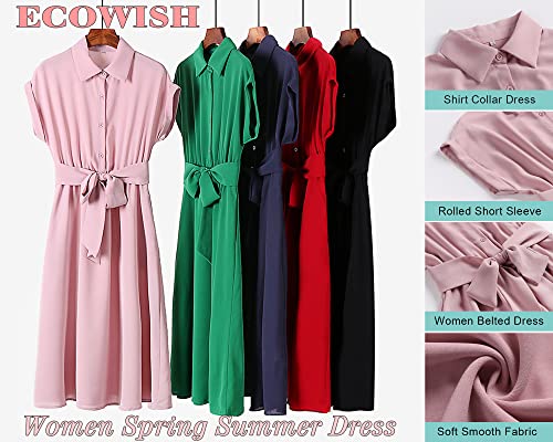 ECOWISH Womens Casual Midi Dresses Solid V Neck Short Sleeve Button Shirt Belted Dress with Pockets for Spring Summer 20254
