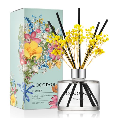 Image of COCODOR Flower Reed Diffuser Set / 6.7oz / Ylang Ylang /Scent Diffuser with Sticks Home Fragrance Reed Diffuser for Bathroom Shelf Decor