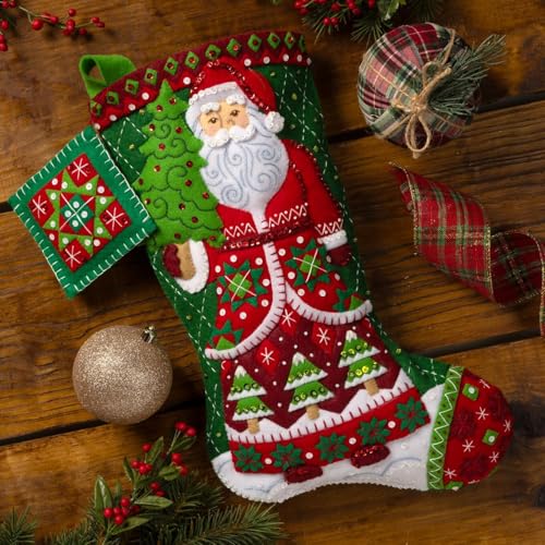 Image of Bucilla Felt Applique 18 inch Stocking Making Kit, Santa's Quilted Delight, Perfect for DIY Arts and Crafts, 89734E