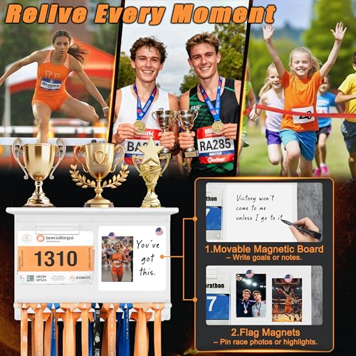 Image of Running Medal Hanger Display with Trophy Shelf, Race Bib Holder and Whiteboard, 2-Bar Medal Holder for 50+ Medals with Flag Magnets, Marker, Wall Mounted, White