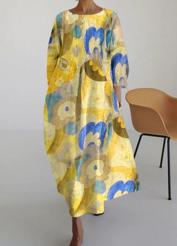 Akivide Women's Flowy Oversized Baggy Boho Floral Print Crewneck Long Sleeve Cotton Maxi Dress Loose Dress - Image 2