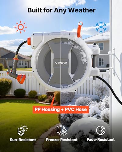 Image of VEVOR Retractable Garden Hose Reel, 1 /2 in x 100 ft, Wall Mounted Hose Reel with 9-Function Sprayer Nozzle and 180 Swivel Bracket, Any Length Lock, Automatic Slow Rewind System, for Garden Watering