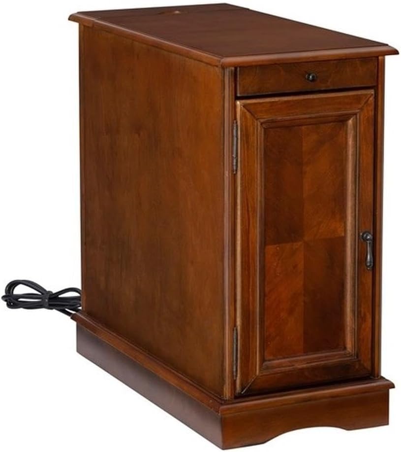 Pemberly Row 1-Door Transitional Wood End Table, Hazelnut Brown Finish, 24" W x 12" D x 24" H, MDF and Poplar Wood, Flip-Up Charging Station, Pull-Out Tray, Hidden Storage, Sofa or Chair Side Table