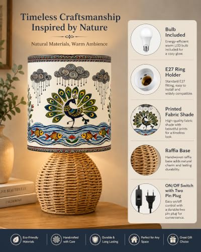 Image of Homesake Handwoven Rattan Table Lamp with Madhubani Art Printed Fabric Shade, Decorative Raffia Cane Bedside Lamp, Boho Table Lamp with E27 Holder & Bulb Included, Living Room, Bedroom & Home Decor