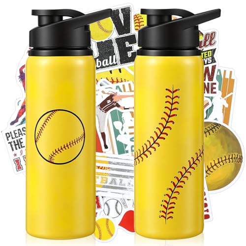 Ceenna 2 Pcs 24 oz Softball Water Bottle with 50 Stickers Stainless Steel Insulated Travel Tumbler Softball Gifts for Team Sports Fans Travel Gym Hiking Cycling Camping Bike Cages